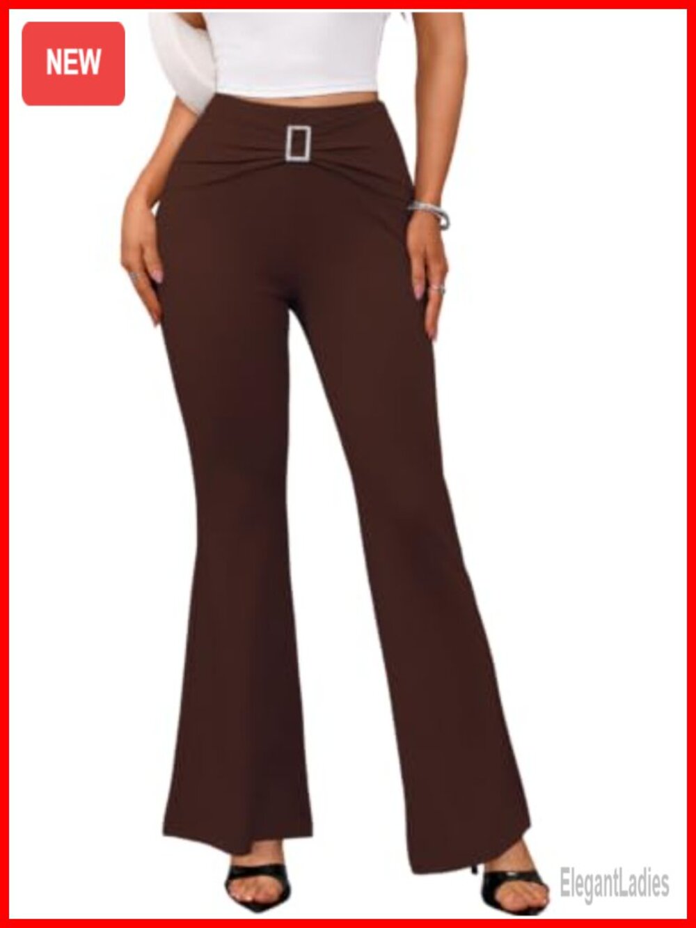 Womens High Waisted Flare Pants Rhinestone Buckle Ruched Twist Tummy Control
